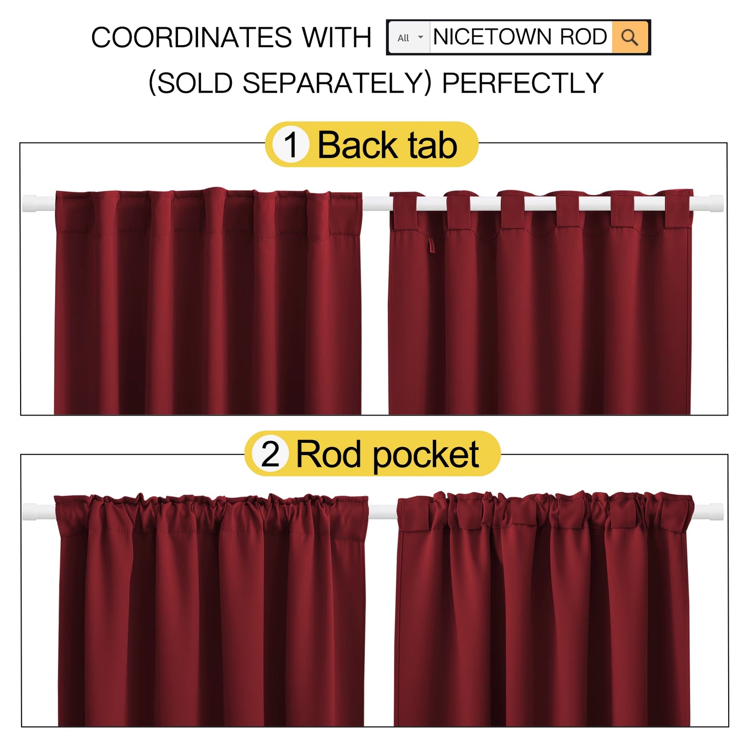 Burgundy Red Kitchen Curtains Blackout Back Tab and Rod Pocket Thermal Insulated Curtains Drapes 42X63 Inch, 2 Panels