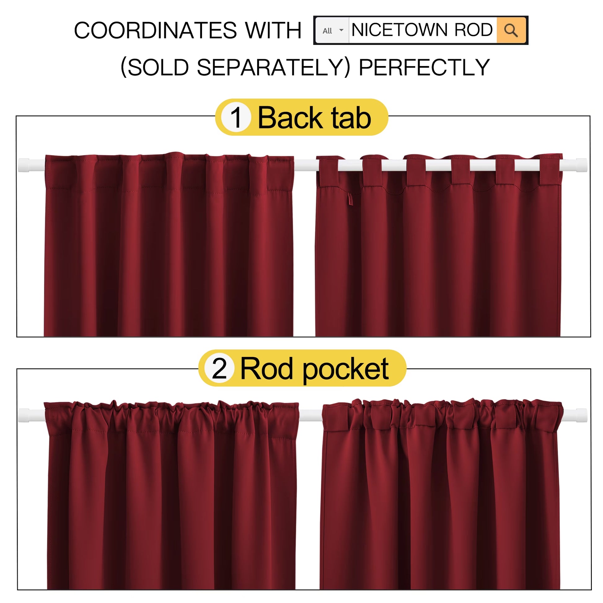 Burgundy Red Kitchen Curtains Blackout Back Tab and Rod Pocket Thermal Insulated Curtains Drapes 42X63 Inch, 2 Panels