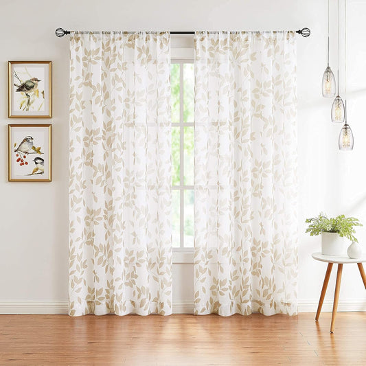Leaf White Sheer Curtains for Living Room Bedroom 84Inches Long Taupe Leaves Print Light Filtering Rustic Window Curtain Panels Botanical Linen Textured Look Drapes for Garden Patio Office 50” W 2Pcs