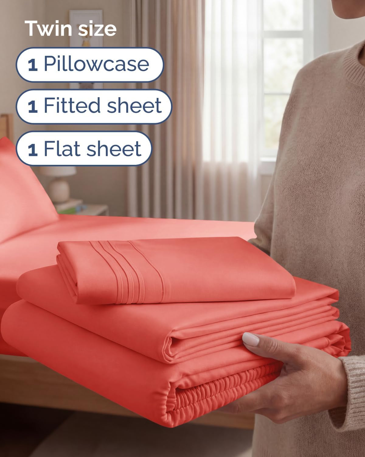 Twin Size 3 Piece Sheet Set - Comfy Breathable & Cooling Sheets - Hotel Luxury Bed Sheets for Women & Men - Deep Pockets, Easy-Fit, Extra Soft and Wrinkle Free Sheets - Coral Oeko-Tex Bed Sheet Set