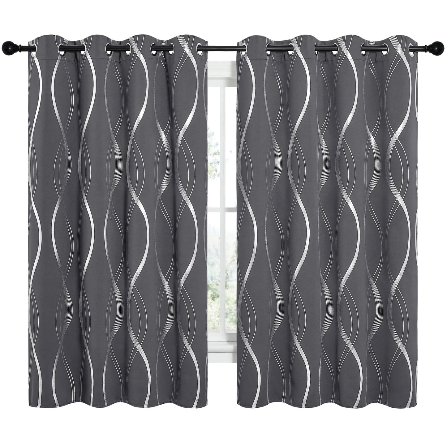 Modern Gray Wave Line Foil Print Home Room Darkening Curtains, 52 X 63 in (2 Panels)