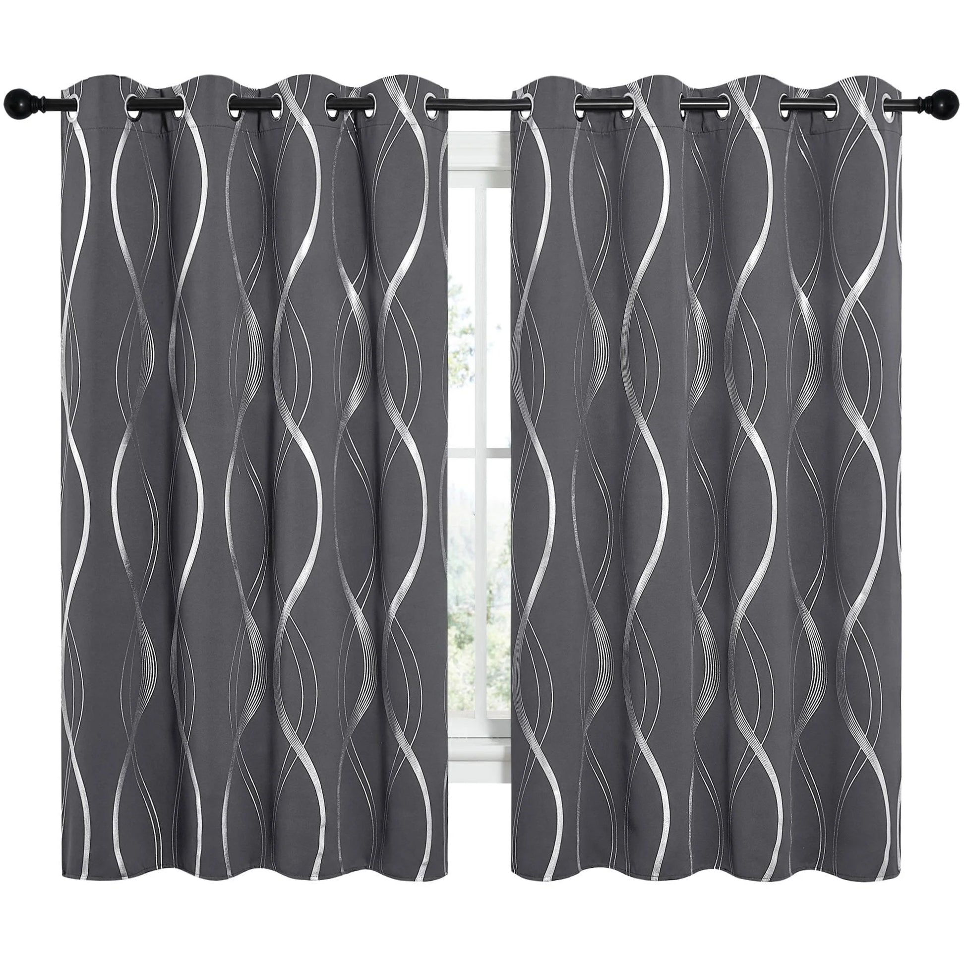 Modern Gray Wave Line Foil Print Home Room Darkening Curtains, 52 X 63 in (2 Panels)