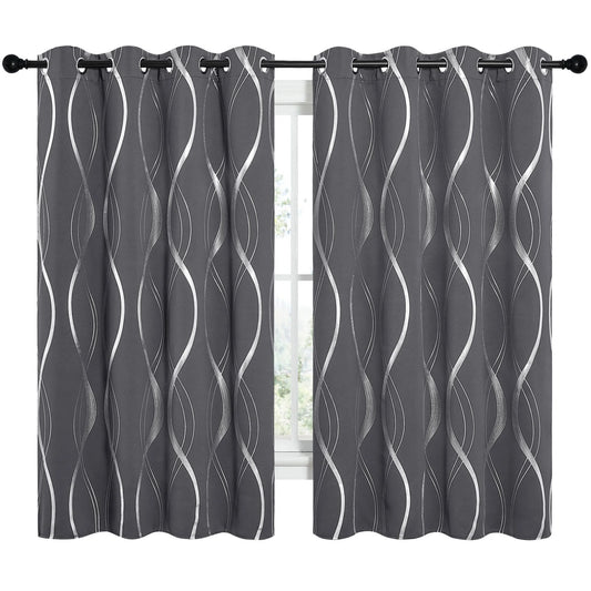 Modern Gray Wave Line Foil Print Home Room Darkening Curtains, 52 X 63 in (2 Panels)