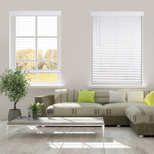 Faux Wood Blind with Crown Valance - 36 1/4"W X 60"H, White, Cordless 2” Slat Horizontal Blind - for Kitchen, Bedroom, Living Room, Doors