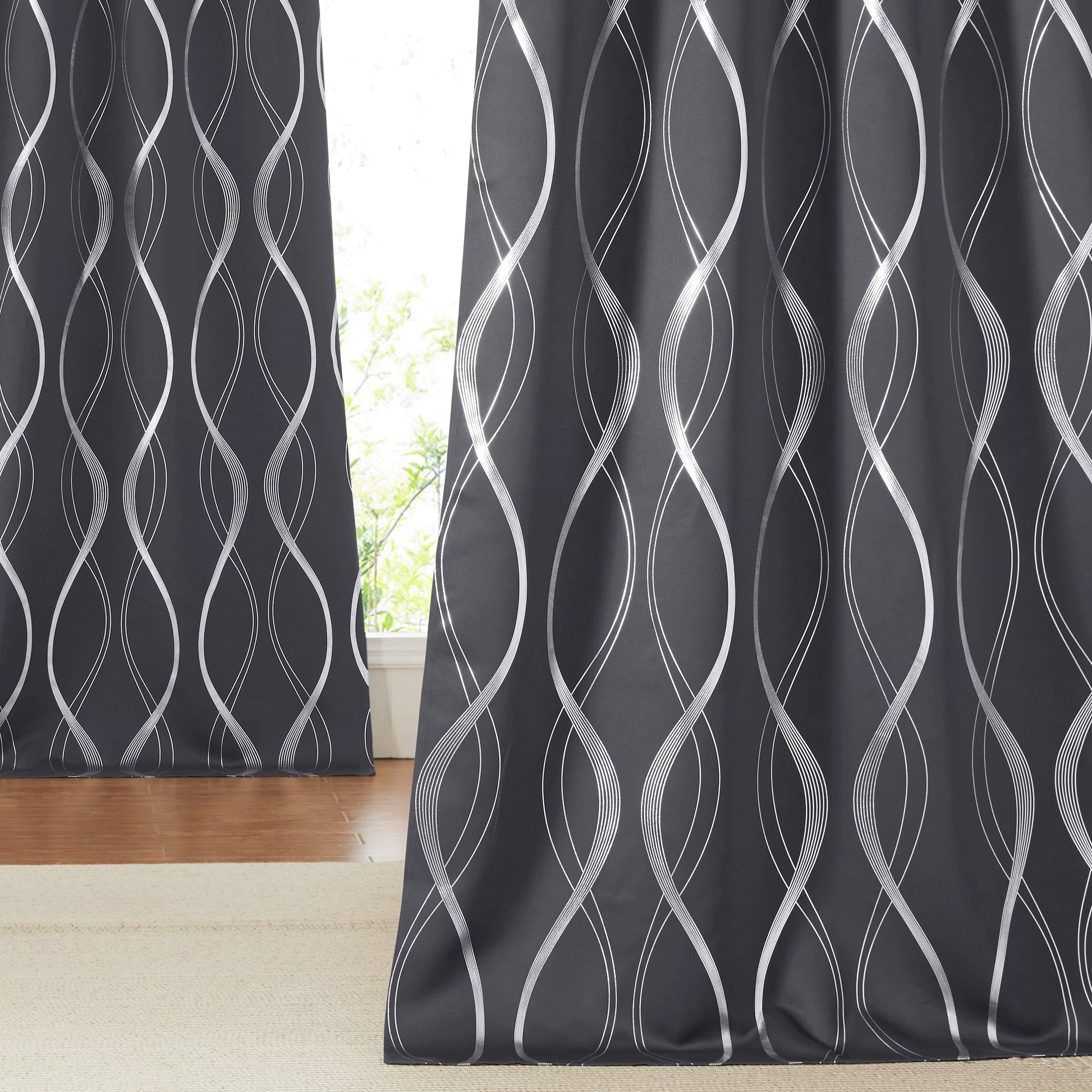 Modern Gray Wave Line Foil Print Home Room Darkening Curtains, 52 X 63 in (2 Panels)