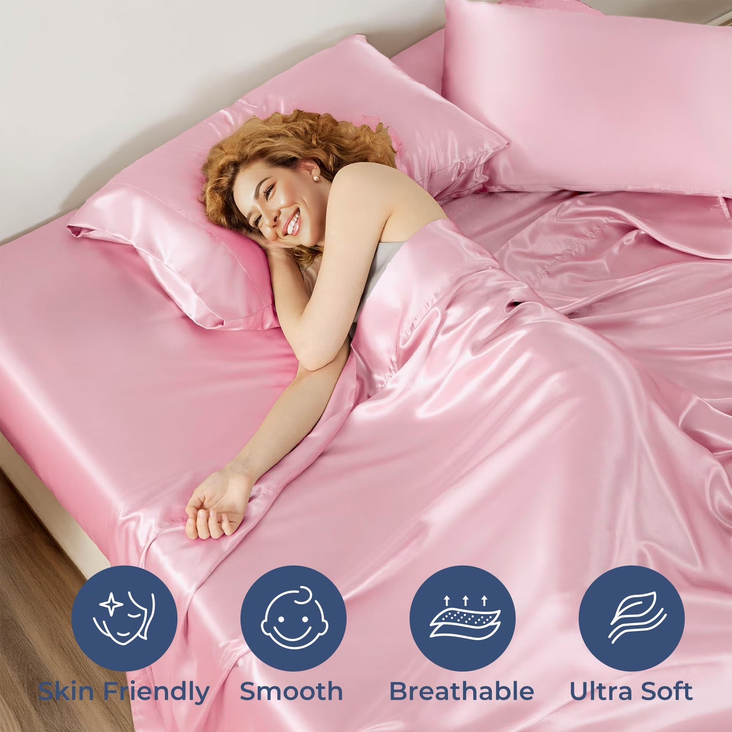 Satin Sheets,Full Size Soft Sheet Set,4 Pieces with 2 Pillowcase,Pink