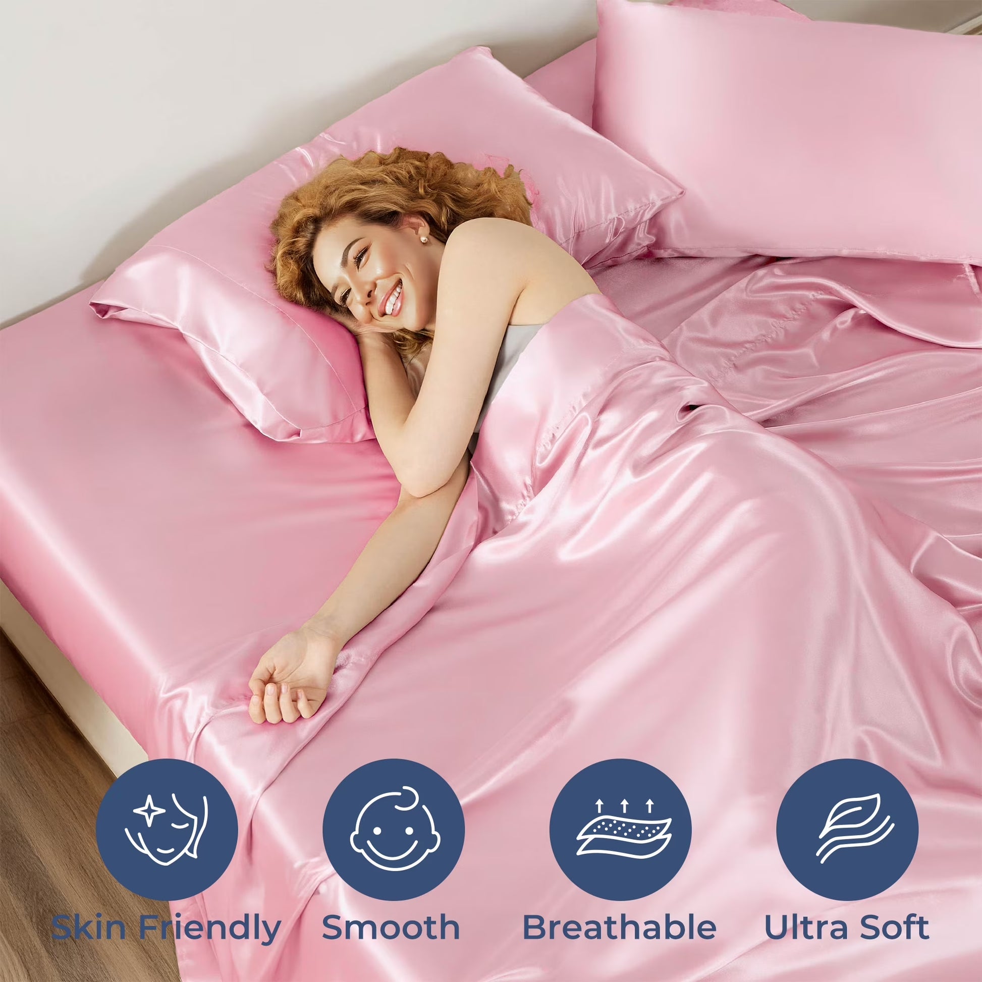 Satin Sheets,Full Size Soft Sheet Set,4 Pieces with 2 Pillowcase,Pink