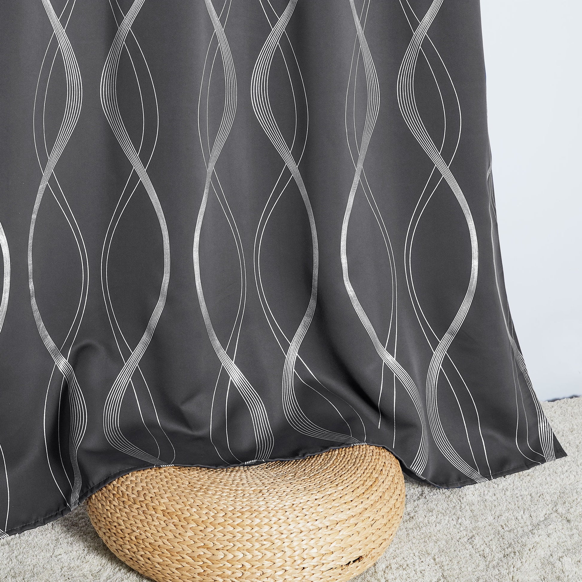Modern Gray Wave Line Foil Print Home Room Darkening Curtains, 52 X 63 in (2 Panels)