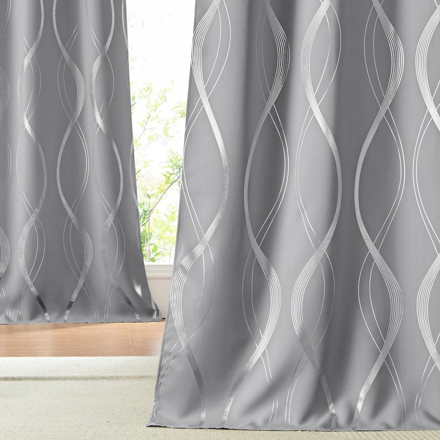 Thermal Insulated Window Blackout Curtains with Wave Vine Printed, Silver Grey, 52X63 Inch