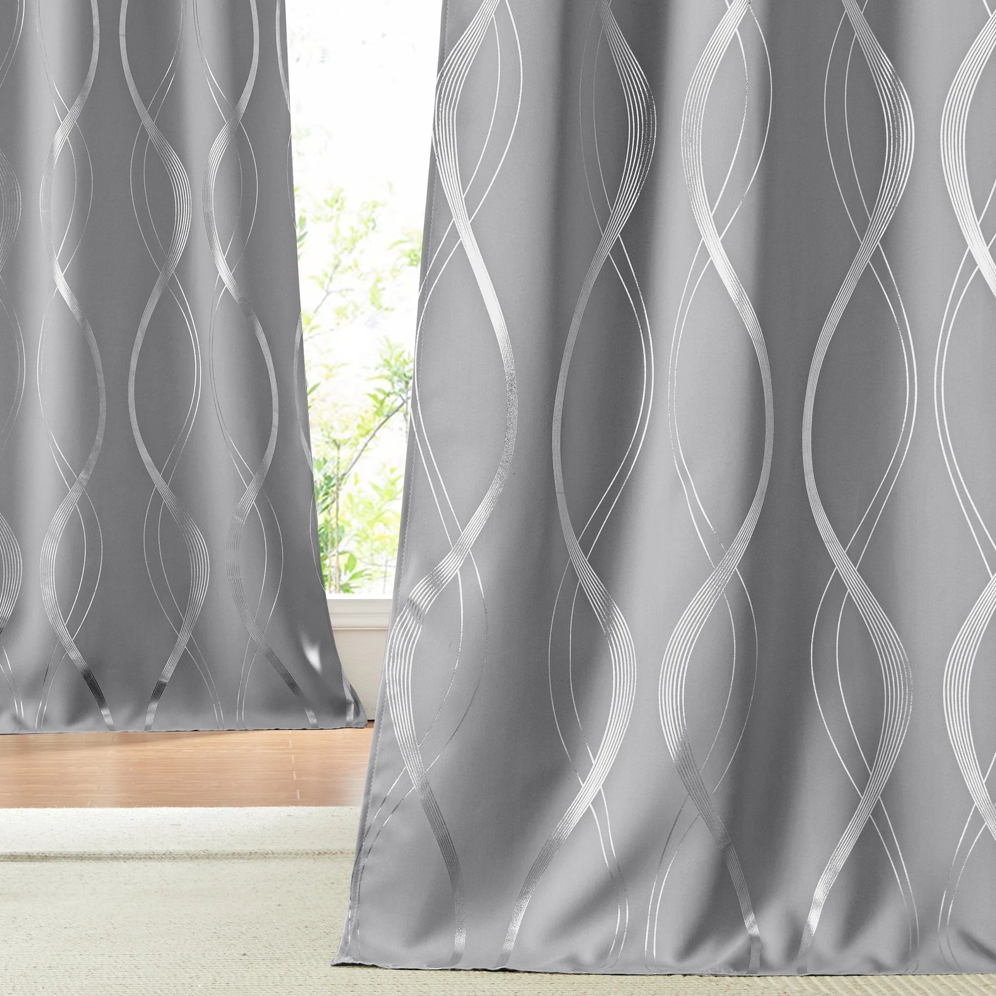 Thermal Insulated Window Blackout Curtains with Wave Vine Printed, Silver Grey, 52X63 Inch
