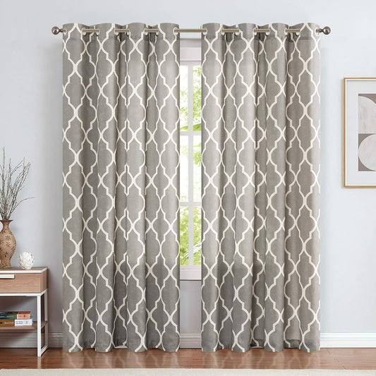 Curtains Charcoal Gray Linen Living Room Drapes Light Filtering Moroccan Tile Print Drapes Bedroom Curtain Flax Textured Geometry Lattice Grommet for Dining Room 84 Inch Length 2 Panels