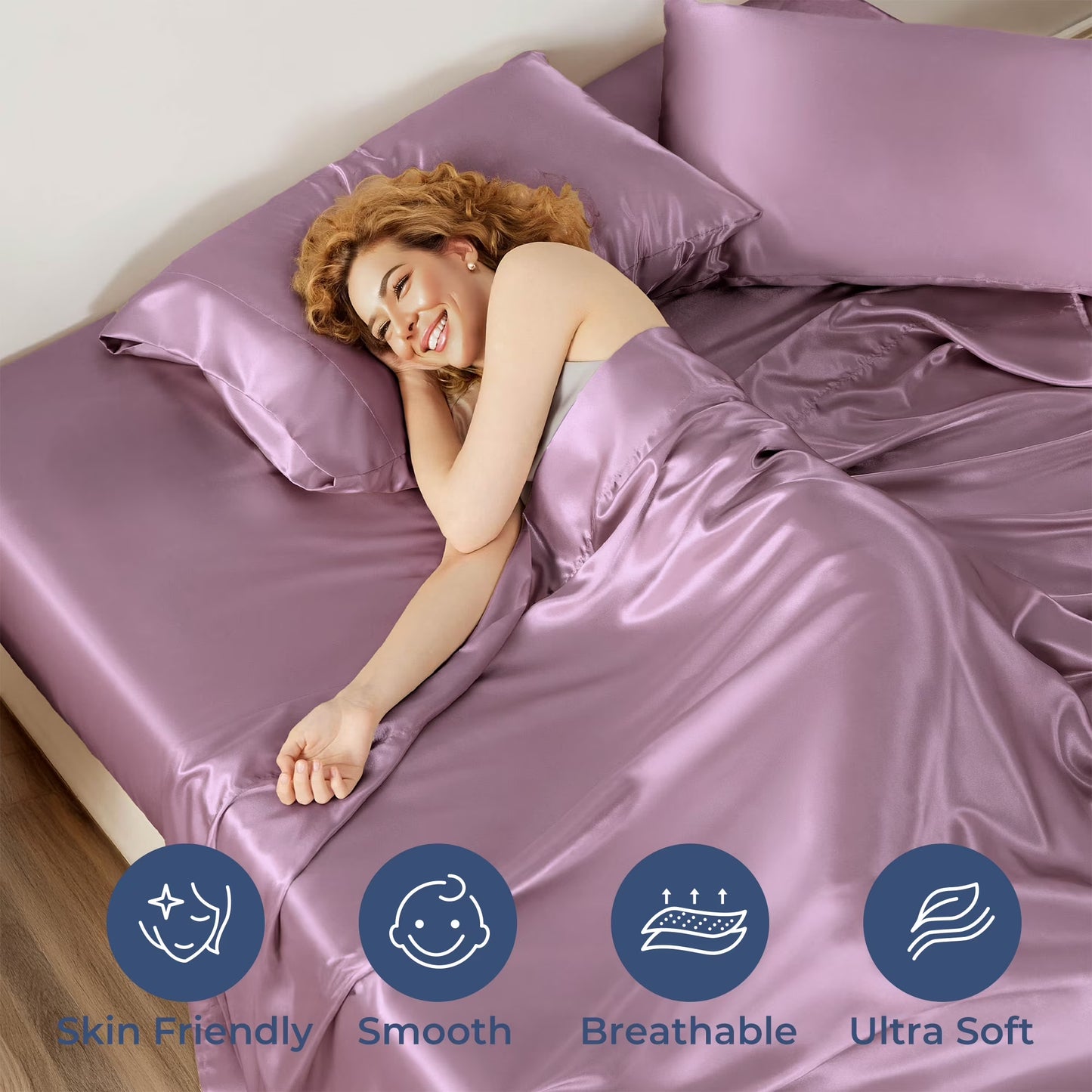 Satin Sheets, Full Size Soft Silky Sheet Set,4 Pieces, Red Bean Sand