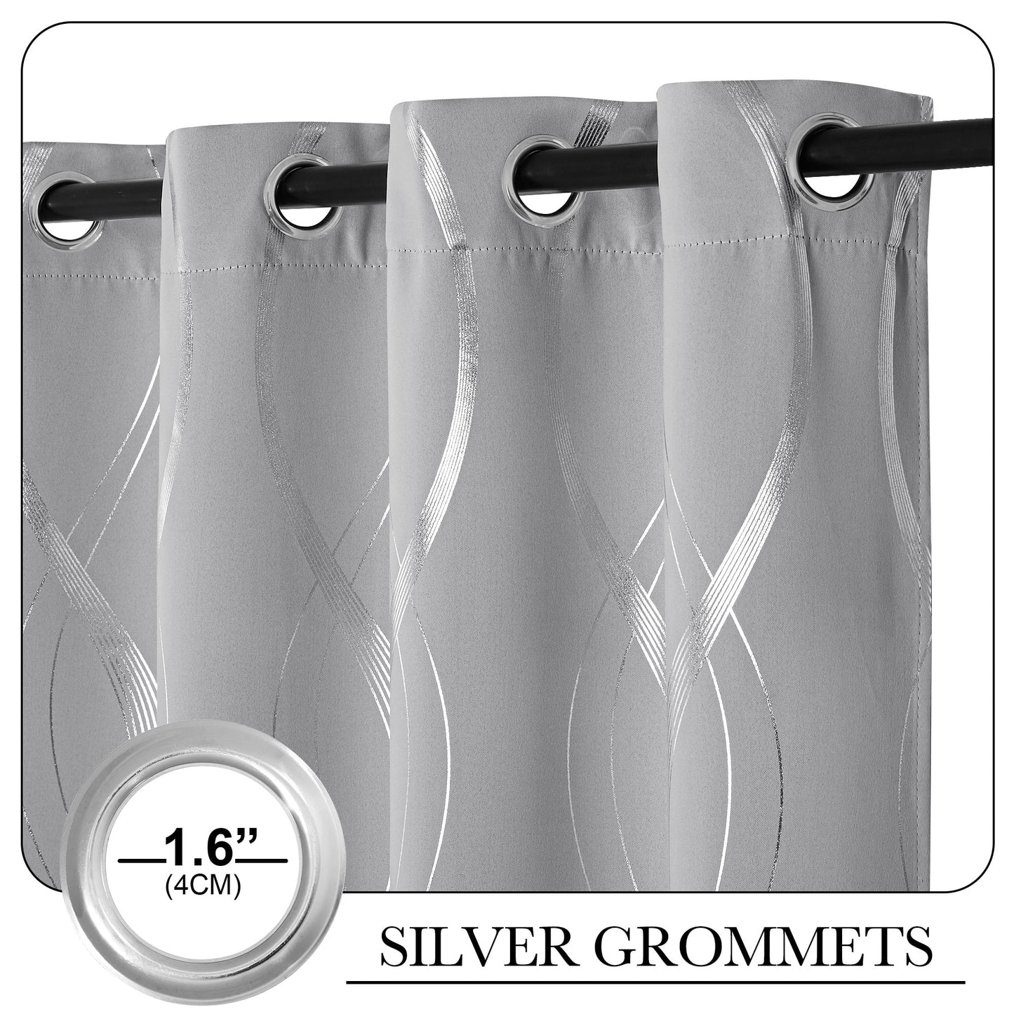 Thermal Insulated Window Blackout Curtains with Wave Vine Printed, Silver Grey, 52X63 Inch