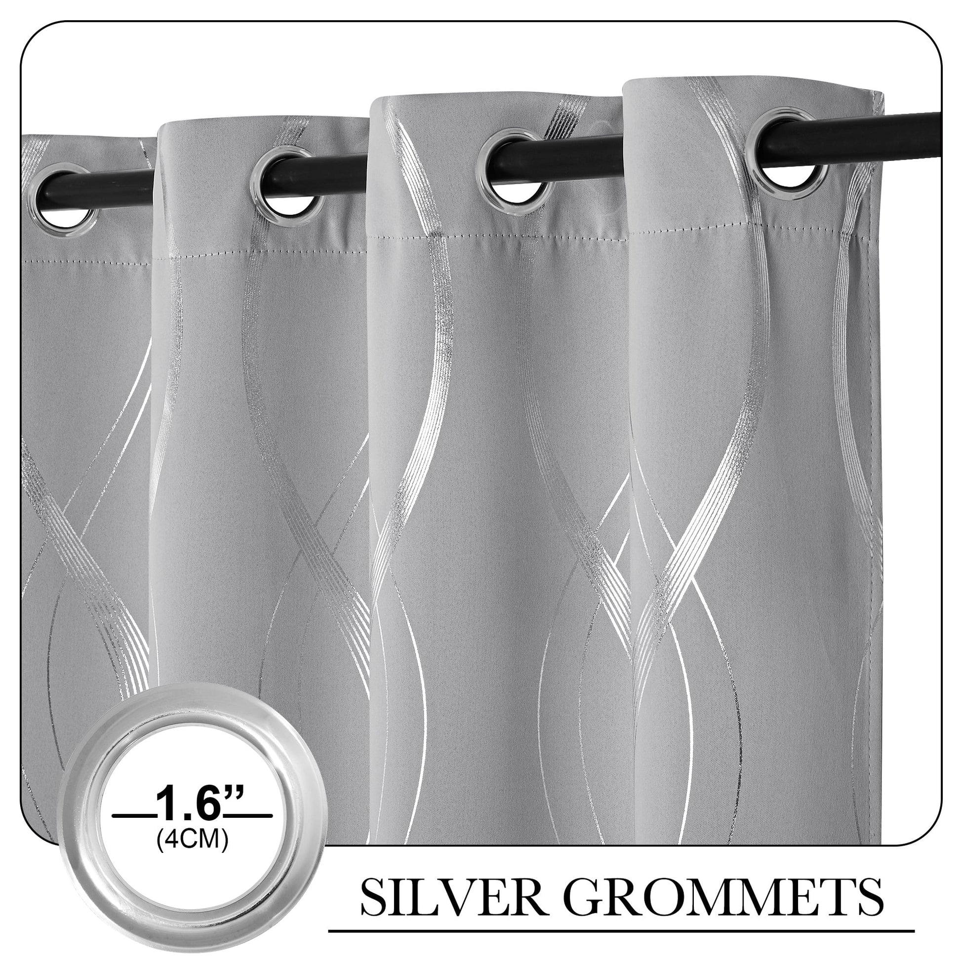 Thermal Insulated Window Blackout Curtains with Wave Vine Printed, Silver Grey, 52X63 Inch