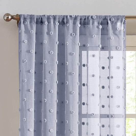 Sheer Curtains Pompom Blue Voile Pom Pom Window Curtains for Bedroom Girls Room Nursery Kids Teenage Room Rod Pocket 2 Panels 63 Inch Long Curtain Set