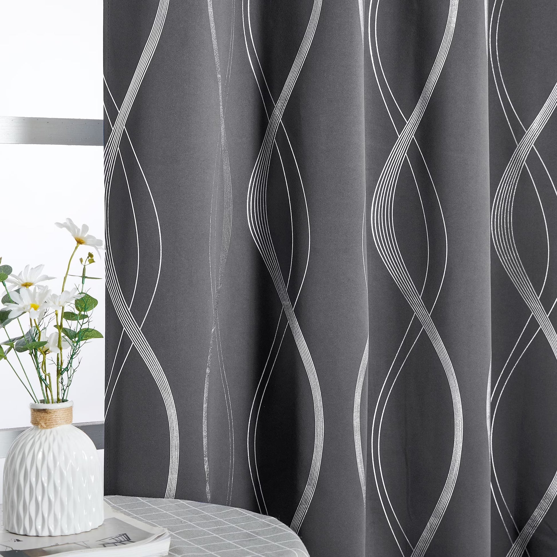 Modern Gray Wave Line Foil Print Home Room Darkening Curtains, 52 X 63 in (2 Panels)