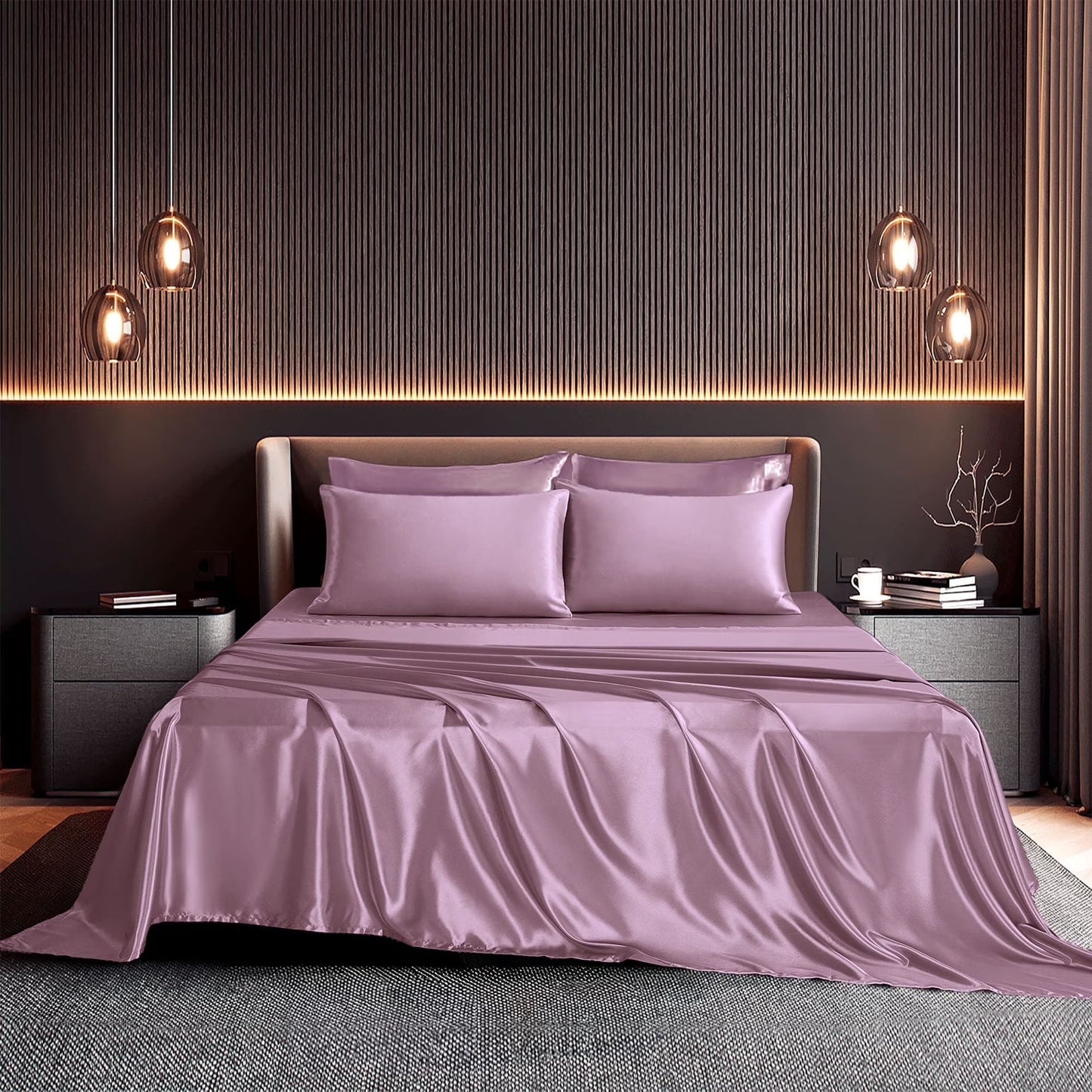 Satin Sheets, Full Size Soft Silky Sheet Set,4 Pieces, Red Bean Sand