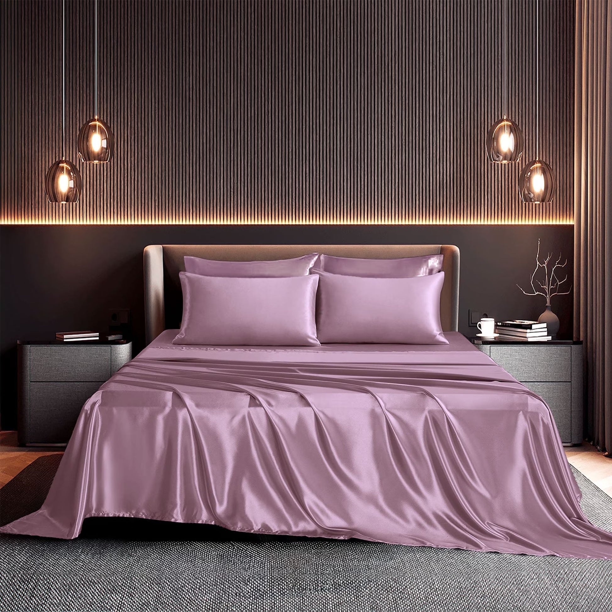 Satin Sheets, Full Size Soft Silky Sheet Set,4 Pieces, Red Bean Sand
