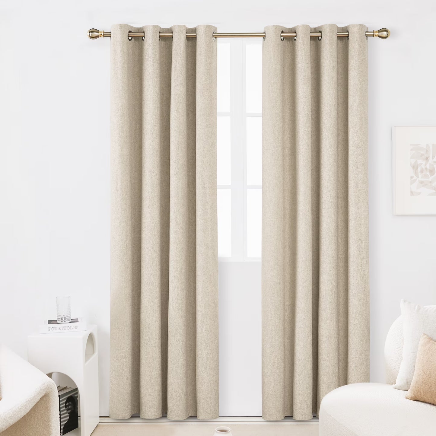 100% Blackout Curtains 84 Inch Length 2 Panels Set, Thermal Insulated Energy Saving Linen Curtains for Living Room (Flaxen, 52 X 84 Inch, 2 Panels)