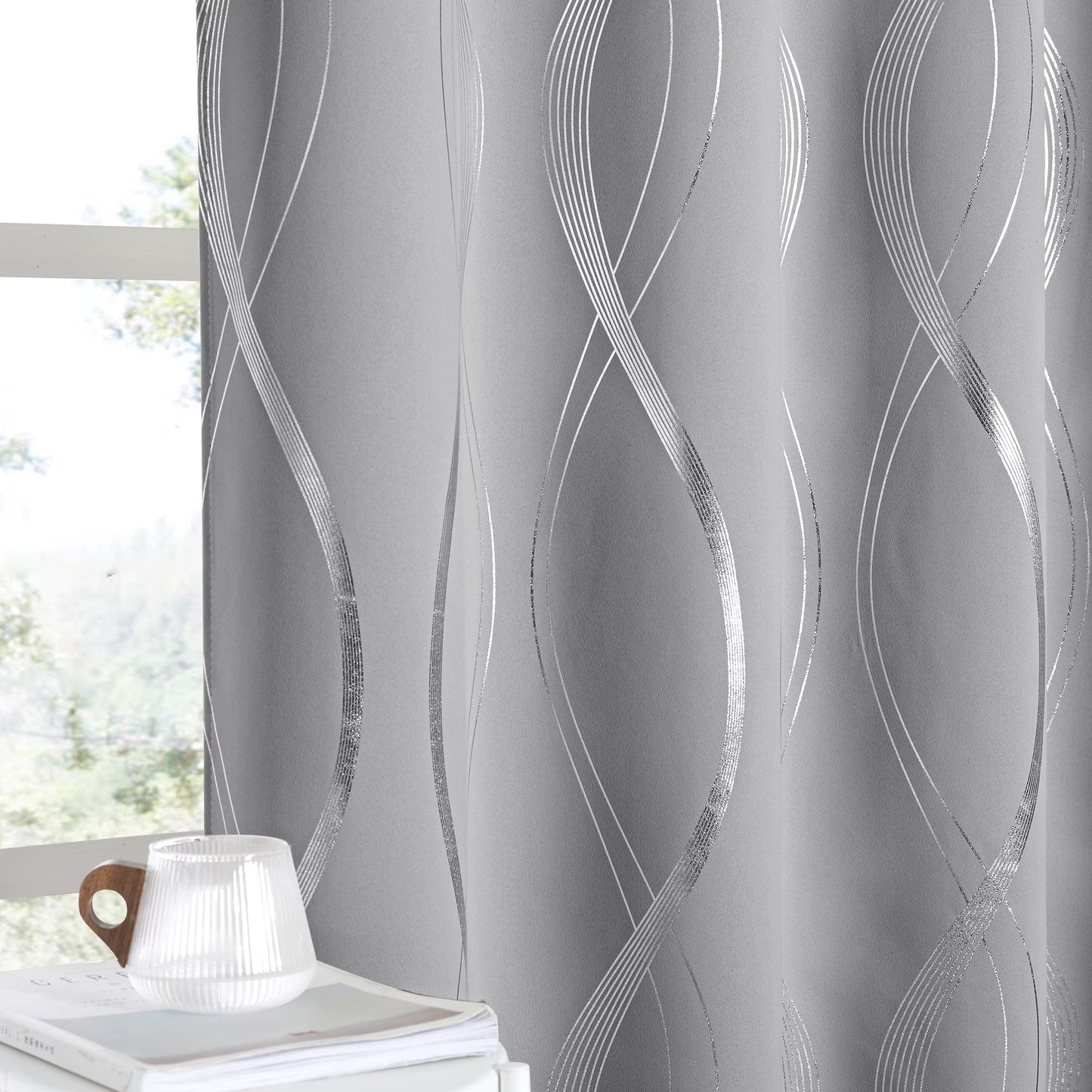 Thermal Insulated Window Blackout Curtains with Wave Vine Printed, Silver Grey, 52X63 Inch