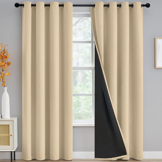 Thermal Insulated 100% Blackout Curtains for Bedroom with Black Liner, Light Blocking Drapes with Black Backing, Thermal Insulated Solid Grommet Panels for Living Room, 52Wx84L, Beige, 2 Panels
